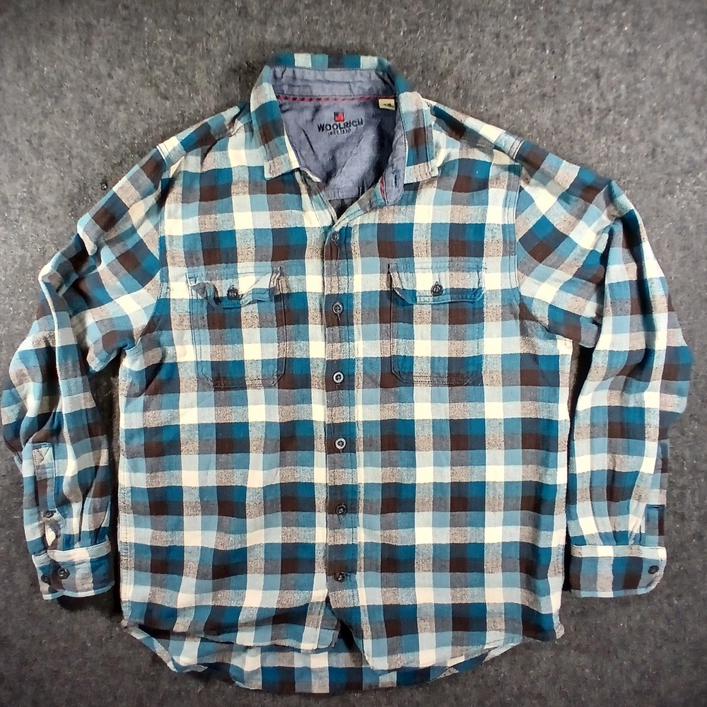 Woolrich Flannel Shirt Mens Medium Blue Brown Plaid Cotton Long Sleeve HMT0687S